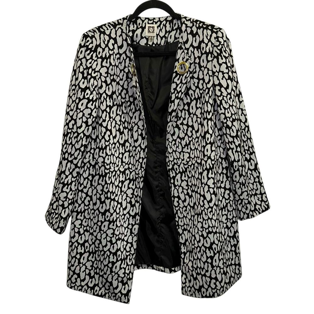 Anne Klein Leopard Print Blazer Womens Small Black White Long Jacket